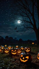 Fototapeta premium A bats flying in the night sky on a full moon on Halloween, Jack-o'-lantern pumpkins are light on the ground