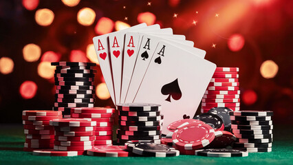 playing cards and chips Poker cards floating, gambling and casino concept.