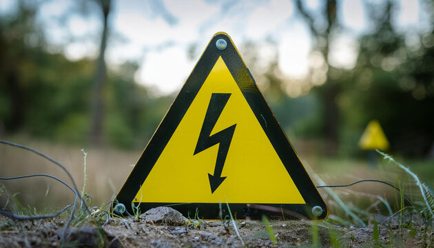 Yellow triangle warning sign with lightning bolt symbol. High voltage danger. Safety concept.