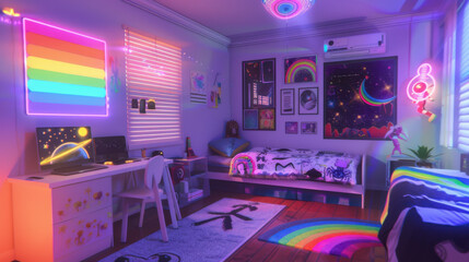 a dark psychedelic clean minimalist bedroom, for a teenage girl