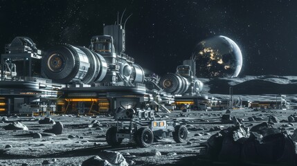 Interconnected lunar base modules and rovers in moon settlement  realistic space exploration image