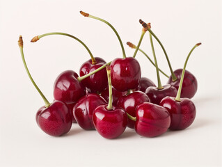 Ripe red cherries isolated on white, juicy and sweet summer fruit closeup