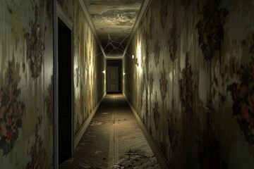 Haunted Corridor. A long, narrow corridor with peeling wallpaper, and dim lighting casting unsettling shadows. 