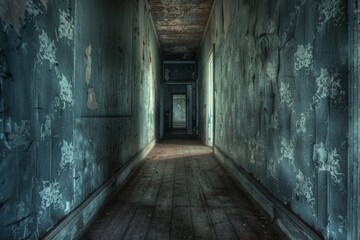 Haunted Corridor. A long, narrow corridor with peeling wallpaper, and dim lighting casting unsettling shadows. 