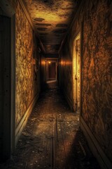 Haunted Corridor. A long, narrow corridor with peeling wallpaper, and dim lighting casting unsettling shadows. 