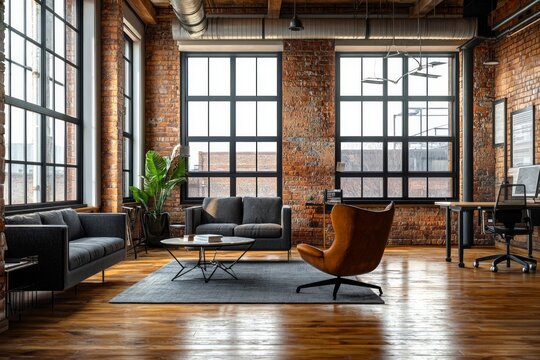 Industrial Loft Office. An office set in a refurbished industrial loft. Exposed brick walls, high ceilings with exposed beams, large windows, and a mix of vintage and modern furniture. 