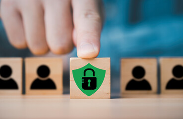 Hand pushing master key lock with guard icon in front of human icon for Personal Data Protection...