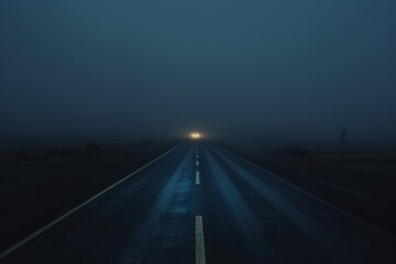 Lonely Highway. An endless, empty highway stretching into the dark horizon, with the only light coming from a distant, barely visible car.