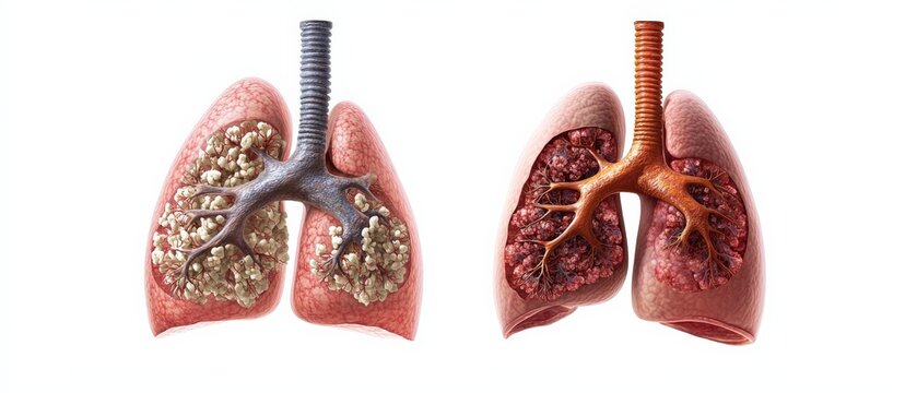 An educational representation of healthy and unhealthy lungs, highlighting the contrast in structure and function.