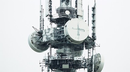Ultra-high-definition image of a telecommunication tower, featuring 5G mobile internet antennas, isolated on a white background, captured in 32k UHD with focus stacking for maximum detail