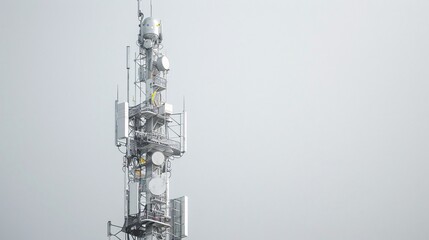 Ultra-high-definition image of a telecommunication tower, featuring 5G mobile internet antennas, isolated on a white background, captured in 32k UHD with focus stacking for maximum detail