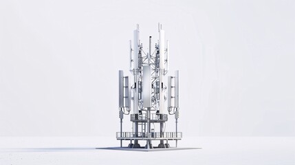 Ultra-high-definition image of a telecommunication tower, featuring 5G mobile internet antennas, isolated on a white background, captured in 32k UHD with focus stacking for maximum detail