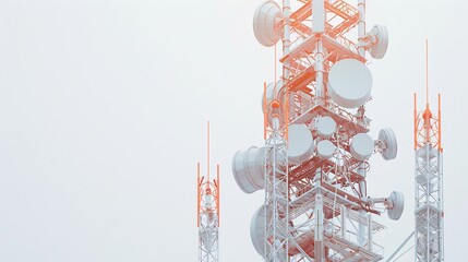 Detailed 32k UHD photo of a telecommunication tower with 5G antennas, isolated on a white background, showcasing high-detail focus stacking to capture every intricate part