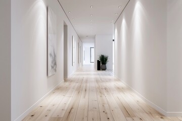 Fototapeta premium Minimalistic Scandinavian Corridor. A sleek, white hallway with clean lines and minimal decoration. Light wood flooring and simple, modern light fixtures create an airy, open feel.