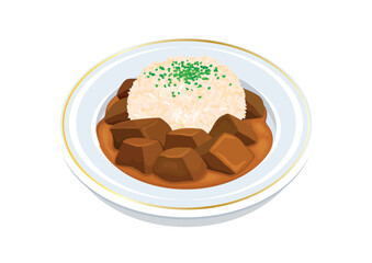 Stewed beef and rice on a plate vector illustration. Beef curry and rice on a plate icon vector isolated on a white background. Beef goulash drawing