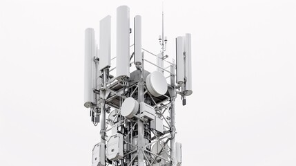 Ultra-high-definition image of a telecommunication tower, equipped with 5G antennas, isolated on a white background, captured in 32k UHD with focus stacking, ensuring maximum detail and clarity