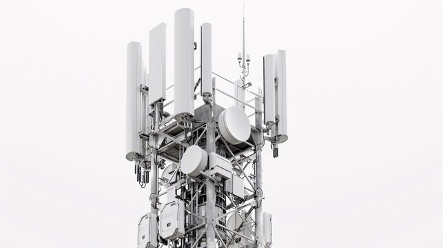 Ultra-high-definition image of a telecommunication tower, equipped with 5G antennas, isolated on a white background, captured in 32k UHD with focus stacking, ensuring maximum detail and clarity