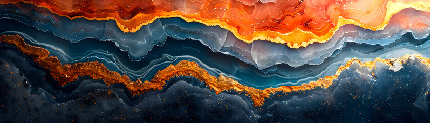 Stunning abstract artwork with vibrant layers of orange, blue, and grey swirls, resembling agate mineral formations. Perfect for backgrounds.