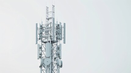High-resolution image of a telecommunication tower with 5G cellular antennas, isolated on a white background, captured in 32k UHD with focus stacking, showcasing intricate details