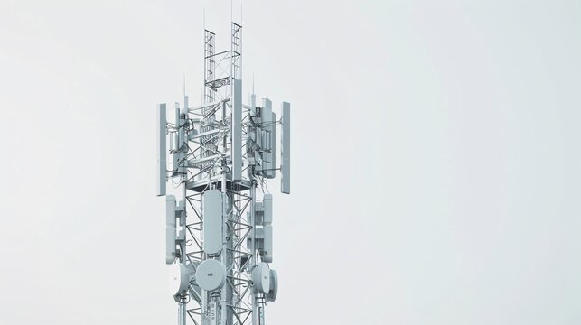 High-resolution image of a telecommunication tower with 5G cellular antennas, isolated on a white background, captured in 32k UHD with focus stacking, showcasing intricate details