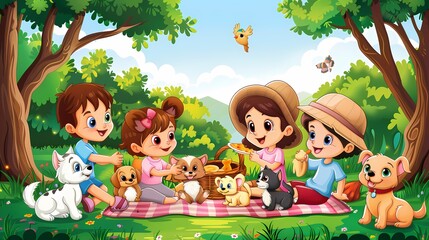 Happy kids having a picnic with their pets in a sunny forest clearing.