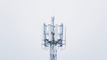 High-resolution image of a telecommunication tower with 5G cellular antennas, isolated on a white background, captured in 32k UHD with focus stacking, showcasing intricate details