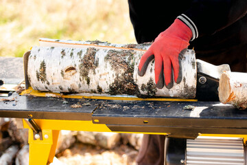 Close up of male hands chopping birch firewood on a hydraulic wood splitter. Sawmill. Birch...