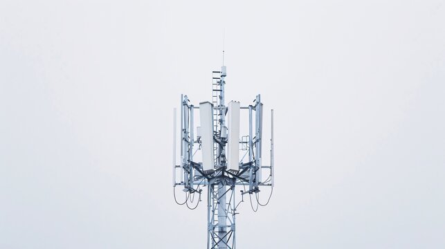 High-resolution image of a telecommunication tower with 5G cellular antennas, isolated on a white background, captured in 32k UHD with focus stacking, showcasing intricate details