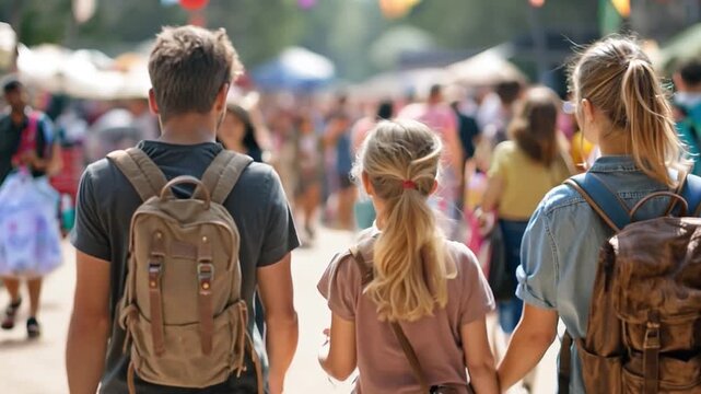 Three-person family navigating the throngs at a public event in the area