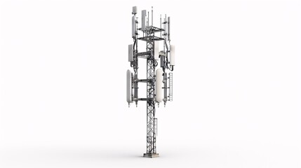 Isolated image of a telecommunication tower equipped with 5G cellular antennas, photographed in 32k UHD with focus stacking, showcasing sharp details and clarity on a white background