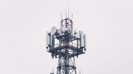 Isolated image of a telecommunication tower equipped with 5G cellular antennas, photographed in 32k UHD with focus stacking, showcasing sharp details and clarity on a white background