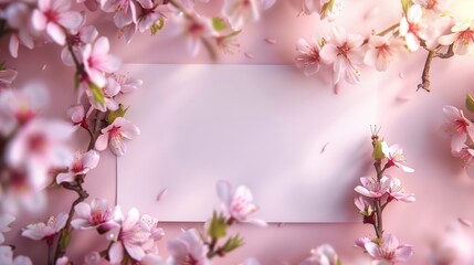 Fototapeta premium Pink cherry blossom border frame with blank paper copy space in the middle