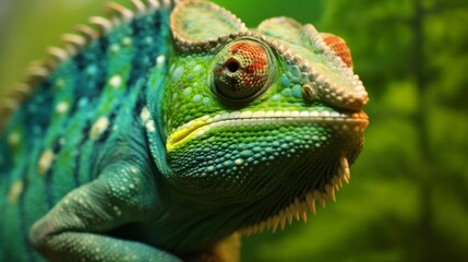 A green lizard with red eyes stares at the camera