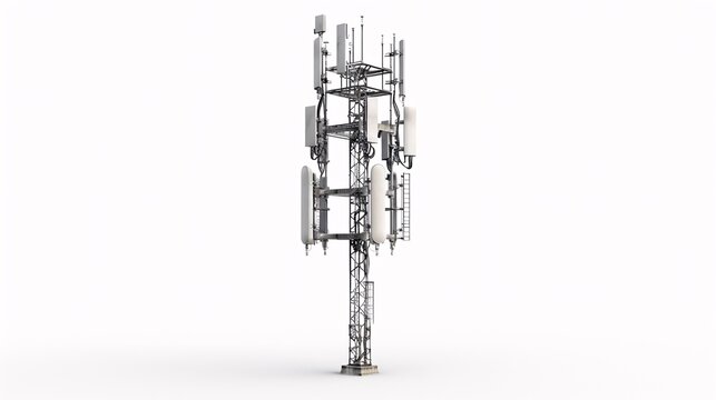 Isolated image of a telecommunication tower equipped with 5G cellular antennas, photographed in 32k UHD with focus stacking, showcasing sharp details and clarity on a white background