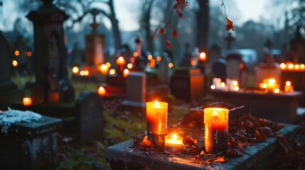 A solemn and traditional scene of lit candles in a cemetery with graves and tombstones. A calm and reflective image about transience.