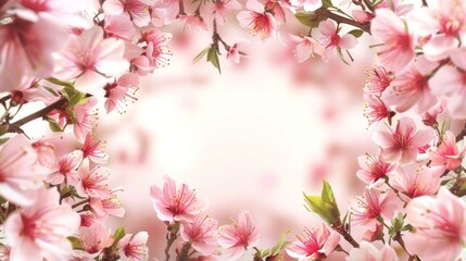 Fototapeta premium Pink cherry blossom border frame with blank paper copy space in the middle