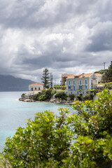 Cruise to Fiskardo Kefalonia Greek island, Ionian Sea near Preveza. Summer vacation. Cloudy sky and waves