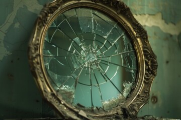 Obraz premium Mirror of Insecurities: A cracked mirror in an old, dimly lit room. 