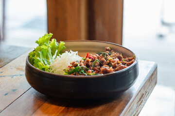 Lophophora williamsii, Cactus or succulents tree decorated in a plant pot on a wooden table, shade-tolerant plant, hobby, ornamental plant propagation