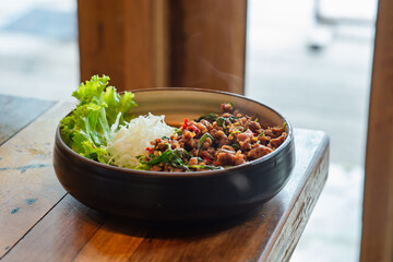 Lophophora williamsii, Cactus or succulents tree decorated in a plant pot on a wooden table, shade-tolerant plant, hobby, ornamental plant propagation
