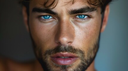 Obraz premium Intense Close-Up Portrait of a Man with Blue Eyes and Long Hair