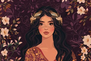 Chinese minimalism illustration, portrait of a Middle Eastern woman with wavy dark hair styled in loose waves with a headband featuring feathers, wearing a boho dress, flat illustration 