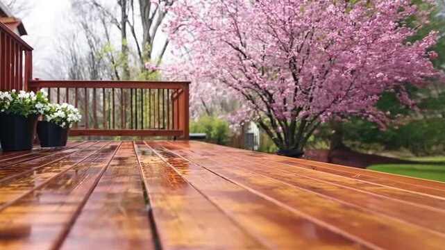 In the early spring, stain the patio of a huge walk-out cedar wood deck home.