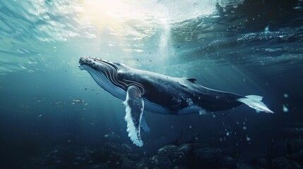 Majestic underwater image capturing the beauty of a humpback whale in a realistic setting