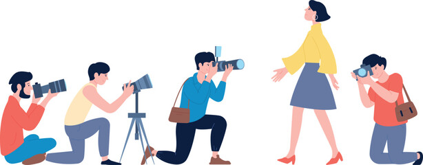 Paparazzi shooting woman walking. Photographers snapping pictures