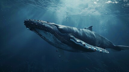 Fototapeta premium Realistic underwater picture of a magnificent humpback whale swimming gracefully