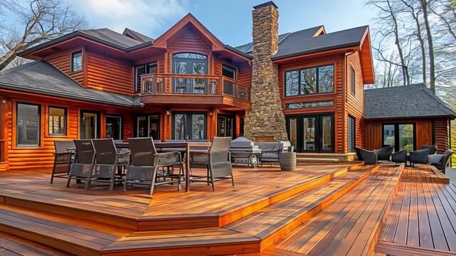 In the early spring, stain the patio of a huge walk-out cedar wood deck home.
