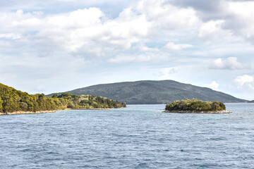 Skorpios or Scorpios a private island in the Ionian Sea in Greece near Lefkada, summer vacation and travel destination