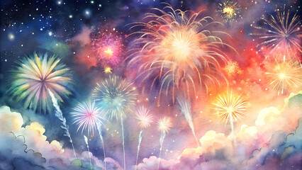 Fototapeta premium Bright Multicolored Fireworks Burst Against Night Sky, Festive Display
