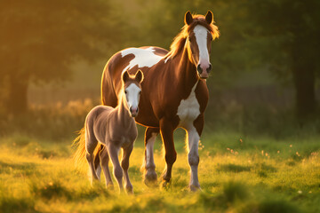 Picturesque Sunset View: Playtime of an Adorable Foal and its Affectionate Mother in an Enchanting Meadow